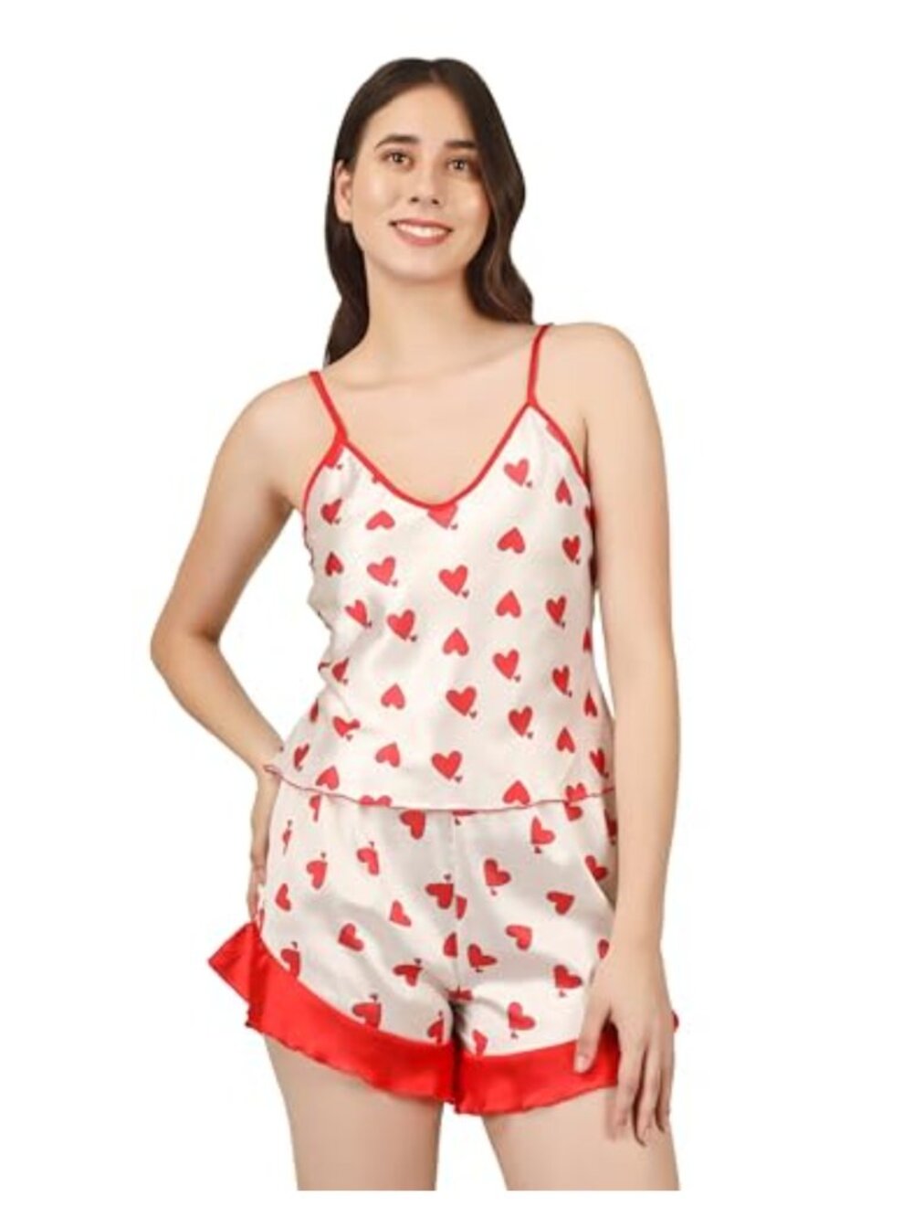 Satin Pajama Set for Women Silk Babydoll Sleepwear Camisole and Ruffle Shorts